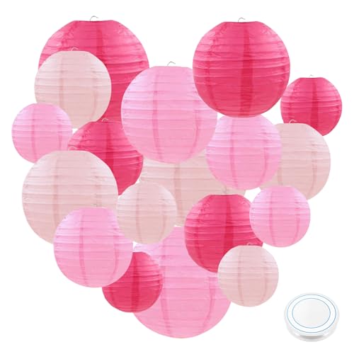 18 Stück Rosa Papierlaterne Lampion, Runde Dekorative Papierlaternen mit Angeldraht, Geeignet als Dekoration bei Hochzeiten, Geburtstagsfeiern, Gartenpartys (Größe:30cm, 25cm, 20cm, 15cm, 10cm)