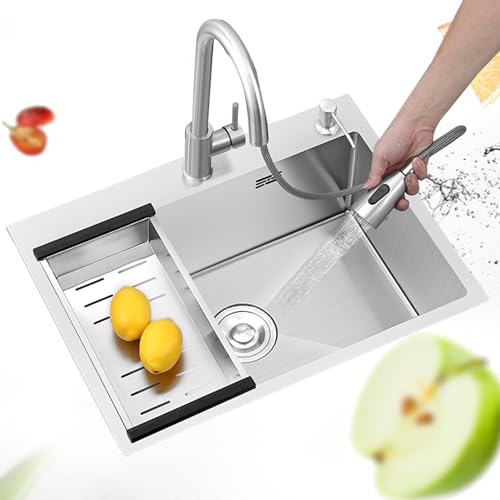 Évier de cuisine en acier inoxydable à cuve simple avec robinet extractible