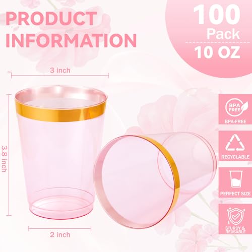 supernal 100 Pcs Pink Plastic Cups,10 Oz Clear Pink Disposable Cups with Gold Trim,Plastic Cocktail/Drink/Bridal Shower/Baby Shower Cups for Party,Wedding and Birthday,Cute Disposable Cup by supernal - Image 3
