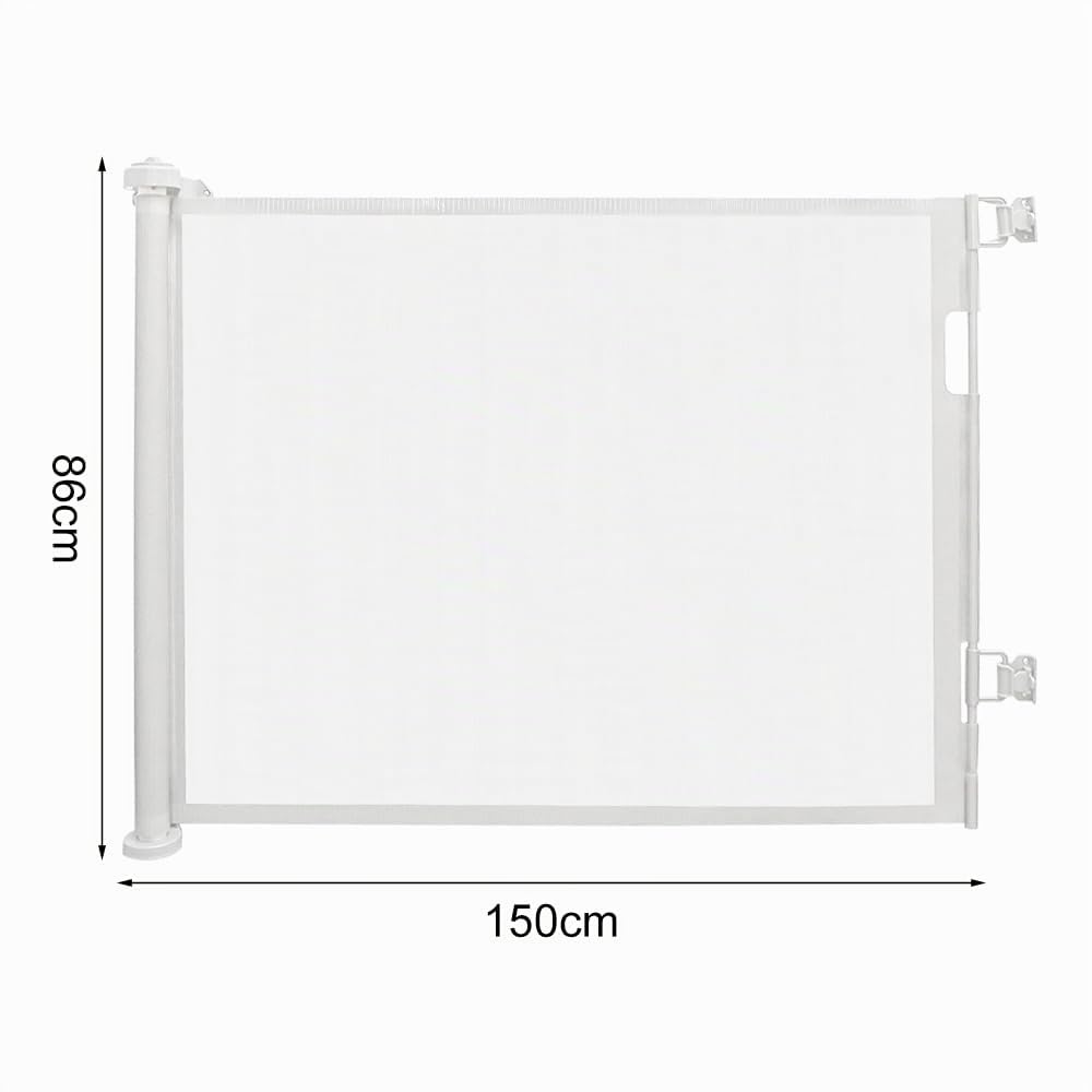Barrière de Sécurité Rétractable Escalier pour Bébés, Enfant et Chiens, 0-150 cm de Large, Barriere de Securite Enroulable pour Escaliers, Couloirs, Intérieurs et Extérieurs (Blanc, 86*150cm)