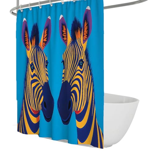 Cortina de baño de Arte Animal Diseño de Cabezas de Cebra Coloridas Cortina de Ducha con Rayas Amarillas y Azules Decoración de baño Lavable en Lavadora 180 x 200 cm