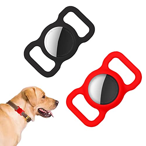 MARSFORCE Silikon Schutz Hülle Kompatibel mit Apple AirTag Hundehalsband, 2 Stück Silikon Schutzhüllen Pet Loop Holder für AirTag GPS Tracking Finder Hunde und Katze Haustierzubehör(Schwarz+Rot) Cover