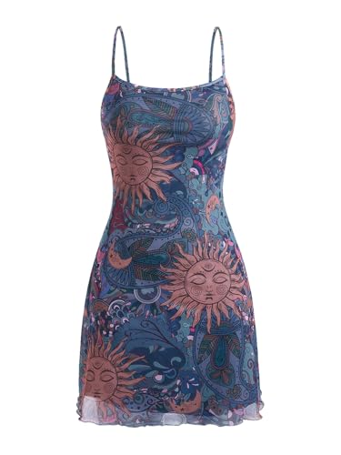 Image of Milumia Women's Summer Mini Dress 90s Boho A Line Mesh Short Dresses | Spaghetti Strap,Sleeveless,Vintage,Paisley Print,Festival Outfits,Cowgirl,Y2k,Goth,