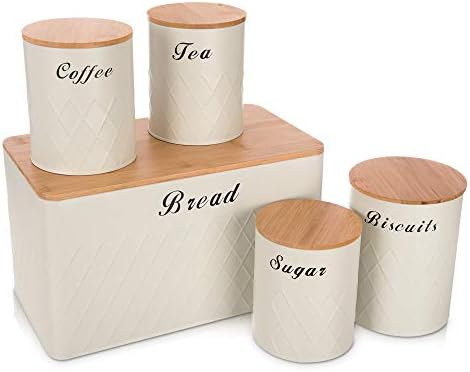 LIVIVO 5pc Kitchen Storage Set – White Bread Bin with Tea, Coffee, Sugar Canisters & Biscuit Tin – Airtight Bamboo Lids – Embossed Bread Box & Jars for Kitchen Storage & Organisation