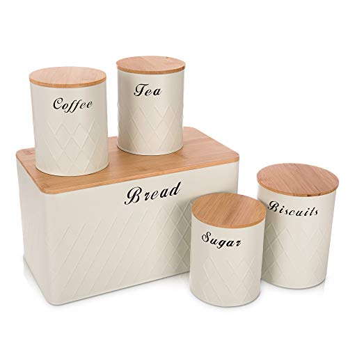 LIVIVO 5pc Kitchen Storage Set – White Bread Bin with Tea, Coffee, Sugar Canisters & Biscuit Tin – Airtight Bamboo Lids – Embossed Bread Box & Jars for Kitchen Storage & Organisation