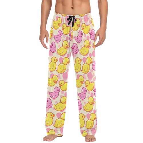 Men’s Yellow Pink Ducks Pajama Pants with Pockets, Comfortable Lounge Sleep Bottoms#559