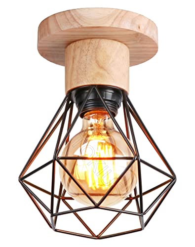 TOKIUS Lámparas de Techo Vintage 16CM Retro Lámpara Colgante Diseño de Jaula Negro Iluminación de Techo en Hierro y Madera E27 Luz Colgante de Interior para Pasillo Dormitorio Salón (Plafón)