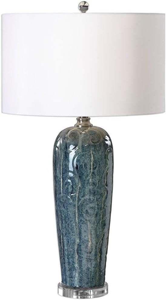 Bowery Hill Contemporary Table Lamp, 32.75 in, Ceramic/Crystal/Steel, Blue and White Finish, Round Hardback Drum Shade, 1-Light, 150W, 3-Way Socket, Designer Accent Lighting for Living Room or Bedroom