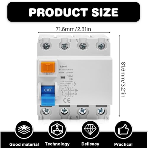 FI Schutzschalter 40A 30mA 4 Polig AC, Fehlerstromschutzschalter RCCB 400V, Allstromsensitiver Leitungsschutzschalter für Wallbox, Ladestation, Hausinstallation 4P 40A 0.03A