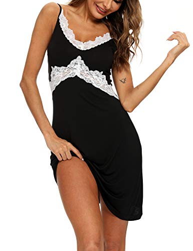 ENJOYNIGHT Negligee Damen Sexy Nachthemd Spitze Dessous Nachtwäsche V-Ausschnitt Nachtkleid Spaghettiträger Sleepwear (Small,Schwarz) Cover