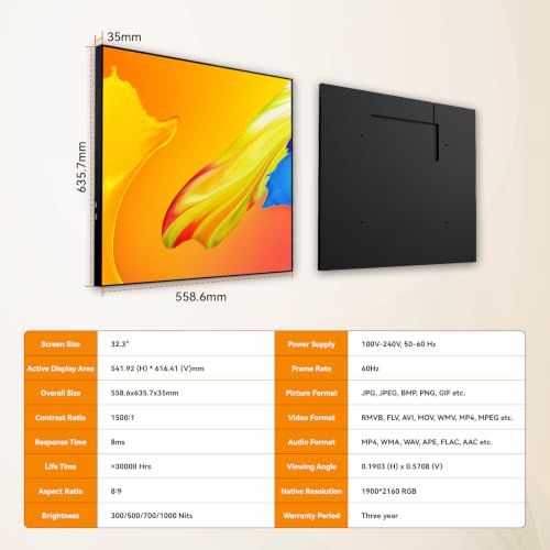 Image of 32.3 inch Commercial Digital Signage Display with 8:9 Aspect Ratio | 1000-Nit Brightness, Android 12, HDMI, LAN, USB, Free CMS for Retail Stores, Restaurants and Digital Menu Displays