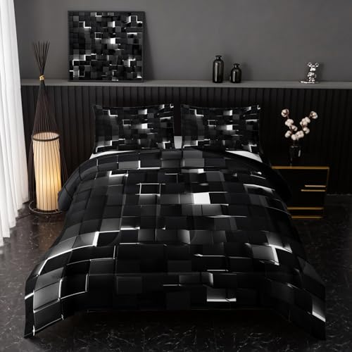 Image of Nttopship Neon White Black Comforter Set Full Geometric Kids Bedding Set,3 PCS Geometry Honeycomb Bed Set Modern Quilt Set 1 Comforter 2 Pillow Cases Cool Room Decor All Season B-Side Black