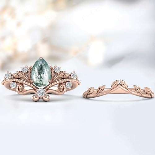 Natural Pear Moss Agate Engagement Ring Set for Women 925 Sterling Silver Genuine Pear Bridal Rings for Her with Engraving Green Moss Agate Wedding Ring Set-233