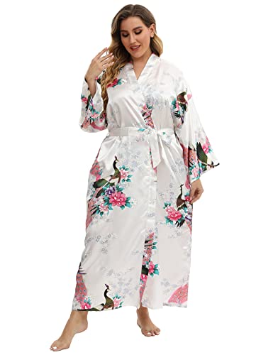 Image of Women's Floral Long Satin Robes Plus Size Long Silk Robes Peacock Floral Kimonos Sleepwear Dressing Gown