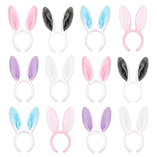 FOIMAS Plush Bunny Ears Headbands Assorted Color Rabbit Ear Hairband for Easter Halloween Costume Party Favor Pack of 12