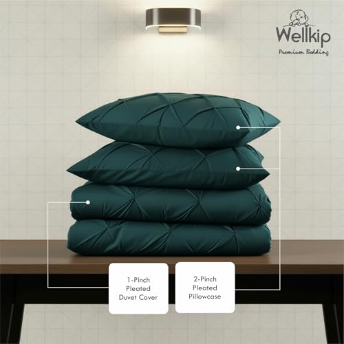 Image of Wellkip Pinch Pleated Duvet Cover Set 1000TC 100% Cotton Premium 3-Pieces 1-Duvet Cover & 2-Pillow Cover Luxury Look Home and Hotel Zipper & 8-Tie Closure (Teal, King 92 X 106 Inch)