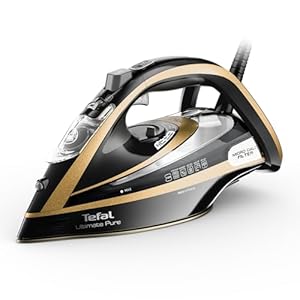 Tefal Ultimate Pure Steam Iron, 3100W, 280g/min Steam Boost, 350ml Water Tank, 3m Cord, Non-Stick Durilium Soleplate, Anti Scale, Anti-drip, Black and Gold FV9843G0