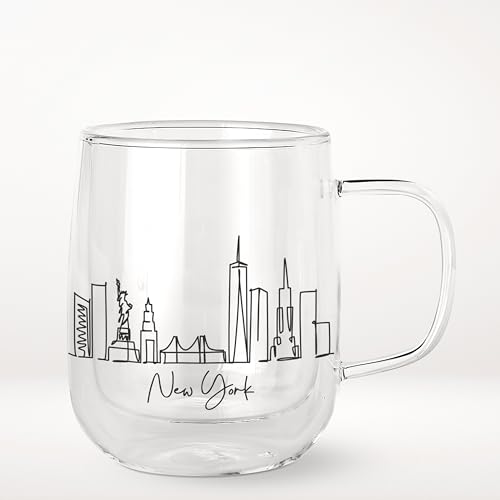 COLLECTIVE HOME - Double Walled Glass Coffee Mugs, Insulated Coffee Mug with Handle, Personalized Gifts for Women, Men, Christmas, 14oz Skyline Cups (New York)