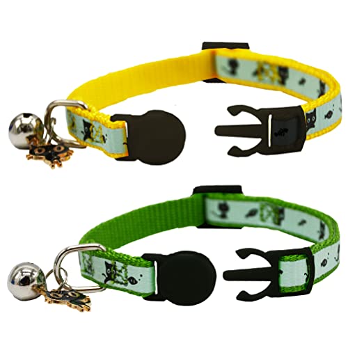 Image of 2 Pack Glow in The Dark Cat Collar with Bell Breakaway Safety Cat Puppy Collars with Pendant Green and Yellow