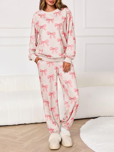 Tankaneo Womens 2 Piece Outfits Sweatsuit Bows Printed Casual Long Sleeve Oversized Sweatshirt and Jogger Lounge Sets2