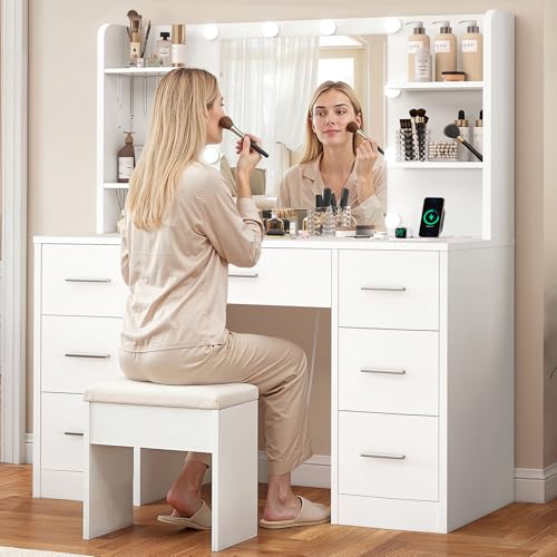 Image of FIONESO Vanity Desk with LED Light Mirror & Power Outlet, 3 Adjustable Light Color, Makeup Vanity with 7 Drawers, 4 Shelves, 5 Jewel Hooks, White Vanity for Bedroom, Girls Vanity