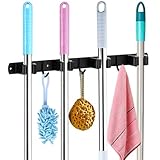 Huryfox Mop and Broom Holder Wall Mounted - Sturdy Stainless Steel Rack with Utility Hooks, 4 Racks, 3 Hooks Adjustable Design and Multiple Storage Organiser Options, Perfect for Kitchen, Laundry