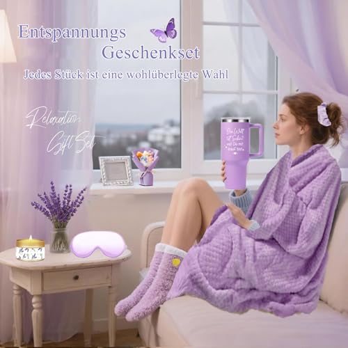 Geschenke für Frauen,GeburtstagsGeschenkset für Frauen Beste Freundin Frau Mama Kollegin Schwester mit Wellness 40 OZ Edeltahl Weinbecher Decke13tlg Bathsduft Geschenkbox