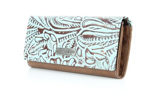 American Bison Women’s Wallet – Sky Blue Floral Flap with Logo Concho or Engraved Plate, Zip Divider & Organizer (Engraved Metal Plate)2