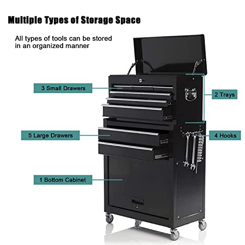 Multifunctional Rolling Tool Chest Set, 2 In 1 Detachable 8 Drawer Tool Chest With Wheels And Locking System, High Capacity Metal Tool Storage Cabinet For Garage, Warehouse And Repair Room (Black) #TOP2