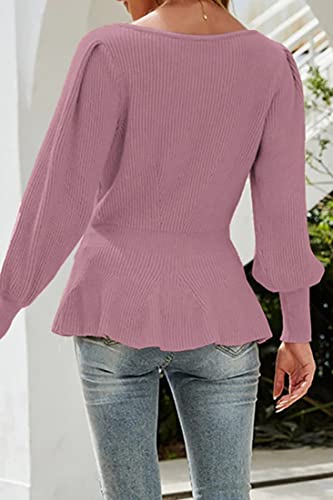 Image of Womens Fall Puff Sleeve Peplum Casual Slim Fit Knit Pullover Sweater Jumper Tops