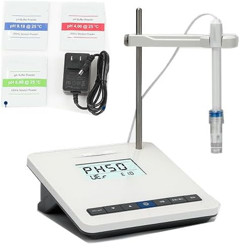 Benchtop pH Meter PH Tester with pH Buffer Powder 2 Points Calibration pH Range 0.00～14.00pH Resolution 0.01pH Indication Error ±0.01pH Displays Calibration,Temperature,Electrode Slope