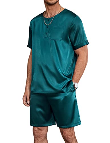 Image of Ekouaer Mens Pajamas Set Silk Satin Pjs Sets Summer Short Sleeve Button Down Sleepwear 2 Piece Loungewear with Pockets