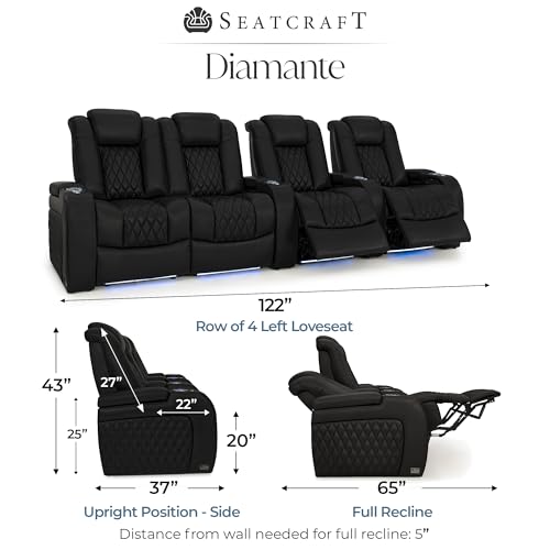 Image of Seatcraft Diamante Black Italian Leather Home Theater Seating, Zero Gravity Power Recliner Gaming and Home Office Chair, Powered Headrest Lounge Sofa Furniture for Cinema Room, Row of 4 Left Loveseats