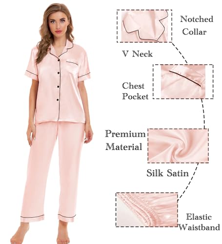 Image of SWOMOG Womens Silk Satin Pajamas Sets 4pcs Sleepwear Sexy Cami Shorts Set and Button Down Short Sleeve Pjs Loungewear Blush Pink Medium