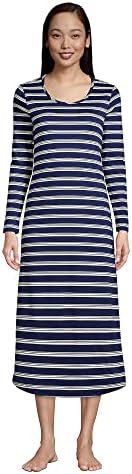 Lands' End Women Long Sleeve Supima Midcalf Nightgown Deep Sea Navy Founders Stripe Tall X-Large