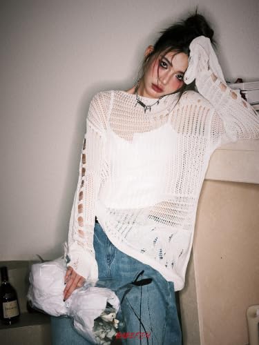 Image of Goth Y2K Striped Sweater Grunge Ripped Punk Gothic Sweaters for Women