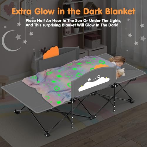 Image of Suteck Kids Camping Cot, Comfortable Toddler Cot Bed with Blanket Easy to Store and Use, Portable Sleeping Cot with Guardrail, Lightweight Bed for Outdoor Indoor Home