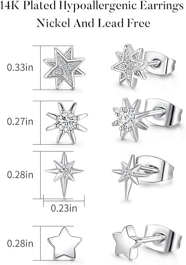 4 Pairs White Gold Star Stud Earrings for Women Hypoallergenic Silver Celestial Sun and Moon Crescent Earrings Set for Sensitive Ears - Image 4