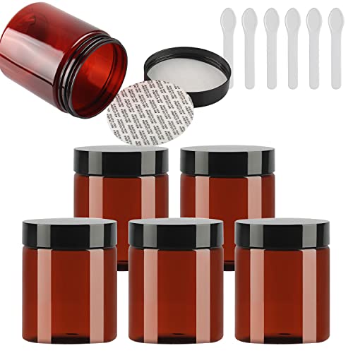 TIANZD 6 Pièces Vides Petit 250 ml Marron Cosmétique Pot en Plastique avec Couvercle Noir 250 g Pots de Cosmétique Crème de Bouteille Contenant avec 6x Spatules