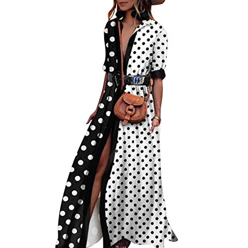 Jinxuny Moda con Cuello en v Flojo Ajuste Maxi Camisa Vestido Estilo Largo Vestido Mujeres Lunares Punteado (Color : White Wave Point M)