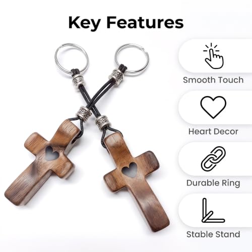 Image of Wooden Cross Keychain Cross My Heart Encouragement Gift Walnut Wood