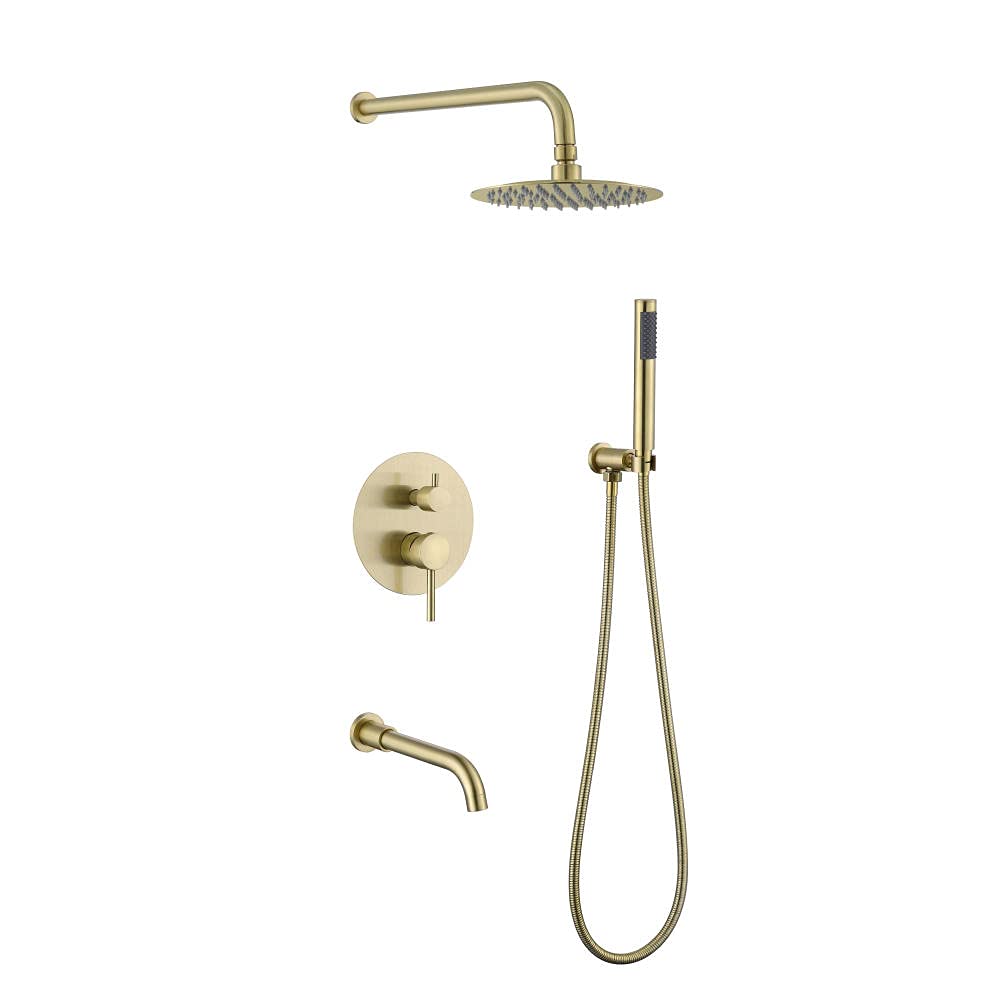 Mitigeur de douche en or brossé 10 pouces avec ensemble de douche complet et douchette ronde