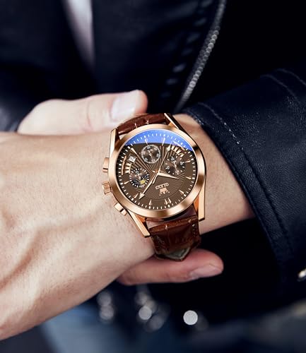 Image of OLEVS Watches for Men Original Analog Quartz Stylish Brown Leather Luxury Business Chronograph Waterproof Date Mens Wrist Watch