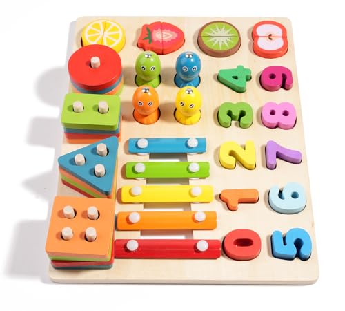 Image of Montessori Wooden Toys for Kids Toddlers Fishing Game Number Puzzles Shape Sorter Stacking Toy Wood Xylophone Cutting Fruit Color Matching Games Preschool Educational Fine Motor Skills Toy ( 5-in-1 )