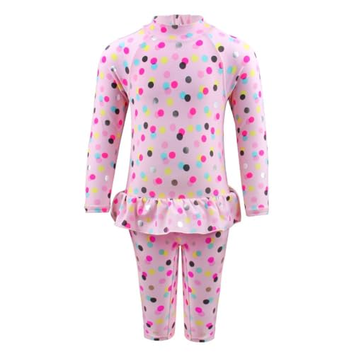 Image of Toddler Girls Pink One Piece Swimsuit Colored Dots Swimwear Long Sleeve Bathing Suit with Zipper