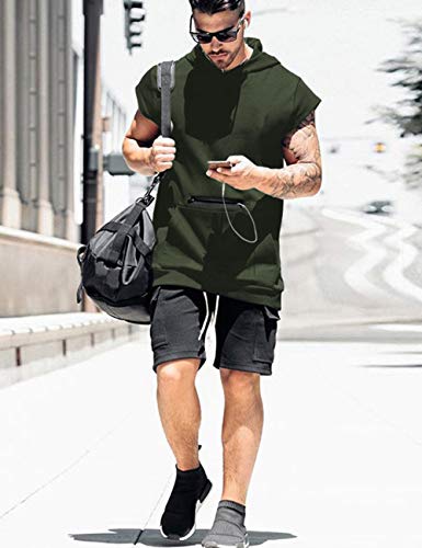 Mens Workout Hooded Shirts Top Gym Short Sleeve T Shirt Running Green Xxl #TOP2