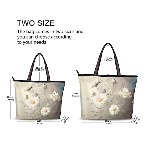 Vintage White Daisy Women Tote Bag, Zipper Shoulder Bag Reusable Grocery Bag Handbag-Large2