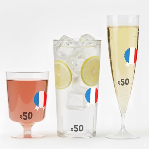 Table'Colors 150 Verres Réutilisables et Recyclables - 50 Flûtes Champagne 13,5 cl + 50 gobelets...