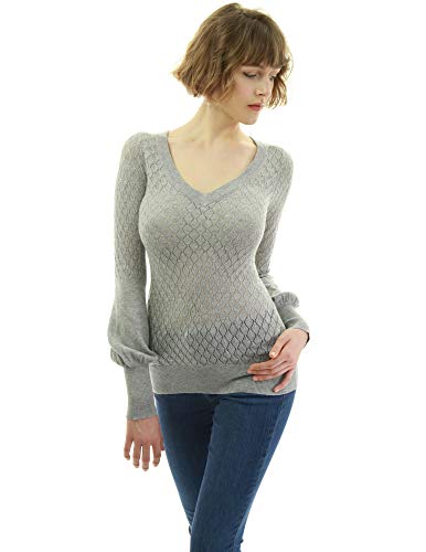 AmélieBoutik Women V Neck Semi Sheer Bishop Sleeve Sweater4