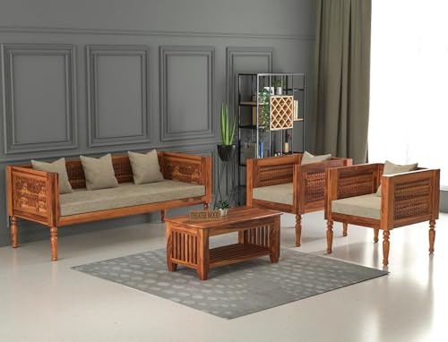 Image of Sheesham Wooden 5 Seater Sofa Set for Living Room | Rosewood Cushion Sofa | Solid Wood Sofa Set for Lounge (Honey, 5 Seater)